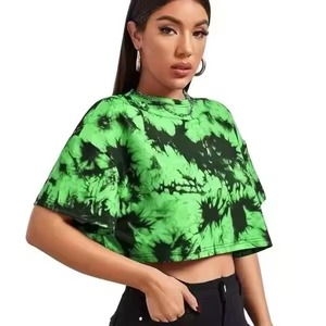 Haut court vert tie-dye pour femme, manches courtes, col rond, coupe ample, tricoté, décontracté, printemps-été, 100 % coton respirant, OEM, vente en gros - Product Image 2