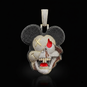 Custom Iced Out Street Art <b>Mouse</b> Skull Pendant Handcrafted in 925 Two Tone Gold Featuring Black Diamond Encrusted Ears Pendent - Product Image 1
