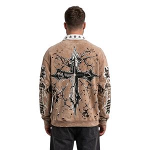 Sudaderas Polo Personalizadas de Algodón con Estampado Grunge Lavado, Cuello en Contraste, Estilo Desgastado, Diseño Gótico - Product Image 2