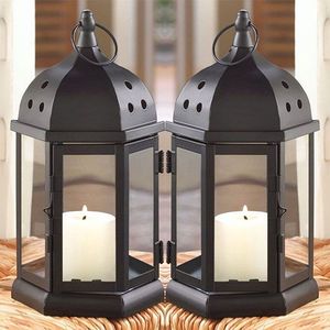 Elegant tabletop metal <b>candle</b> <b>lantern</b> with glass enclosure for safe lighting and beautiful home decoration ambiance - Product Image 5