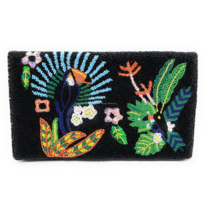 Sac à Main de Soirée Noir Brodé à la Main Durable Pliable Pleine Pochette Perroquet Tropical Conception Oiseau Exotique Élégant - Product Image 1