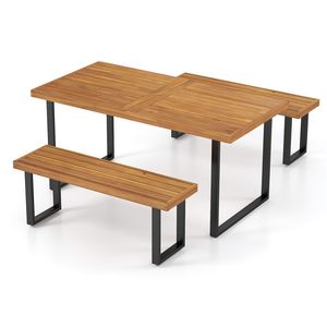 Ensemble de table à manger de patio en 3 pièces, table rectangulaire de 63 pieds et 2 bancs sans dossier - Product Image 4