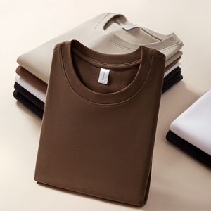 T-shirt à manches courtes pour homme, beige, col rond, coupe classique, couleur unie, tricoté, 100% coton, style décontracté - Product Image 3