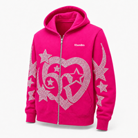 Sweat-shirt à capuche zippé KhunBro rouge avec imprimé cœur en strass, unisexe, décontracté, en polaire, respirant, anti-humidité et coupe-vent
