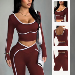 Conjunto Deportivo de Dos Piezas para Mujer, Top y Pantalones de Yoga en Colores Contrastantes, Transpirable, Manga Larga, Cintura Alta, Levanta Glúteos - Product Image 2