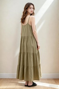 Robe maxi décontractée à volants en lin 100% écologique vert olive, couleur bonbon bohème, pour le printemps, l'été et l'automne - Product Image 2