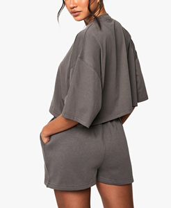 OEM Hot Selling 100% Cotton Solid Color 2 Piece <b>Set</b> for Women's Custom DTF printed logo Oversized Drop Shoulder Ladies Short <b>Set</b> - Product Image 3