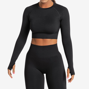 Ensemble de vêtements de sport sans couture pour femmes, résistant aux squats, avec haut court à manches longues et leggings taille haute, vente en gros OEM - Product Image 4
