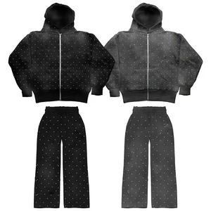 Ensemble de survêtement à capuche avec fermeture éclair, veste et pantalon à imprimé pois, tenue décontractée 2 pièces, noir et violet - Product Image 5