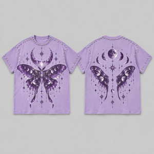 Moth Print <b>T</b> <b>Shirts</b> Oversized Rhinestone Lunar Graphics Casual Apparel Everyday Styling Urban Looks Leisure Wear <b>Festival</b> Attire - Product Image 6