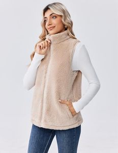 <b>Women's</b> <b>Beige</b> Faux Fur Vest Stand Collar Zipper Closure Sleeveless Outerwear Casual Style Solid Color Velour Fabric OEM - Product Image 2