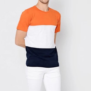 Men's Color Blocked O-Neck Short Sleeve <b>T</b>-<b>Shirt</b> Regular Fit Casual Knitted Solid Design White <b>Orange</b> Navy Blue - Product Image 2