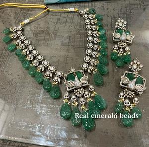 Charming Premium Quality Gold Plated Brass Real <b>Emerald</b> Bead Kundan Doublet <b>Set</b> For Wedding Party Collection - Product Image 2