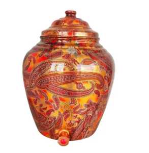 Artisan Meenakari Printed Copper Water Dispenser Paisley Pattern 5 Liter Ayurvedic Metal Tank Traditional Indian Health Pot - Product Image 1