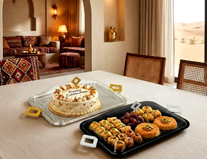 Latest Round Serving Tray with Acrylic Lid and Square Handles for Food Presentation Elegant Laminated Platter Eid Ramadan Party - Product Image 1