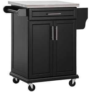 Carrello da Cucina Stile Antico con Piano in Acciaio Inox, Portaspezie, Isola in Legno Massello, Ruote in Metallo Nero, Design Moderno - Product Image 1