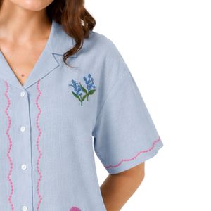 Camisa de Manga Corta para Mujer, Bordada con Flores Azul Claro, Blusa Informal de Verano de Algodón con Cuello y Botones, Tops de Moda Personalizados OEM - Product Image 4
