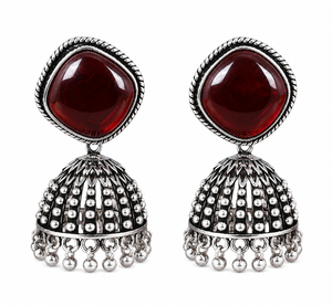 Ruby <b>Red</b> Stone Oxidized Silver Brass Zinc Alloy Imitation Pearl Jhumka <b>Earrings</b> for Women | Traditional Indian Jewelry Gift - Product Image 3