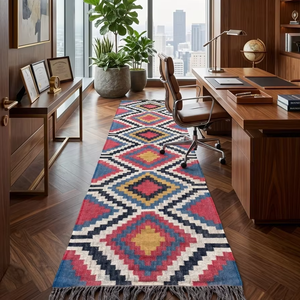 Alfombra de kilim de lana y yute tejida a mano, ecológica, antideslizante, multicolor, con diseño de diamantes, moderna, de tejido plano, para pasillo, para todas las estaciones. - Product Image 2