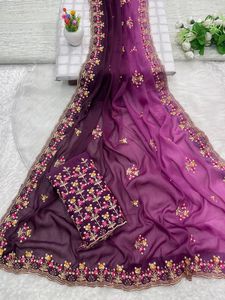 Sari de Seda Morado Bordado de AARA Fashion para Mujer, Estilo Tradicional Indio/Pakistaní, Largo hasta el Suelo, Corte Regular, para Adultos - Product Image 6
