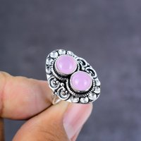 Bague en argent plaqué avec pierre précieuse en quartz rose naturel, faite à la main, taille 7.5