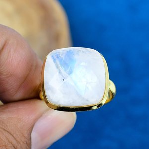Handmade Natural Rainbow <b>Moonstone</b> Square Shape Gemstone 18k Gold Micron Over 925 Sterling Silver <b>Rings</b> - Product Image 2