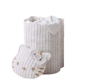 Panier à linge en rotin blanc en forme de chat avec couvercle amovible, panier de rangement tressé en forme d'animal, bac de rangement pour jouets de filles - Product Image 1