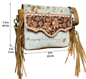 Bolso bandolera con flecos de cuero genuino para mujer a la moda, bolso de hombro con solapa Floral de piel de vaca de lujo multifuncional - Product Image 3