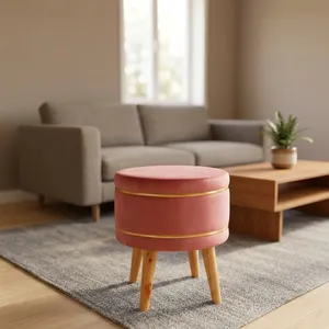 Pink Leather Eco-Friendly Handmade Ottoman <b>Stool</b> Gold Accent Band Wooden Legs Modern Footrest Seating Entry Living Room Bedroom - Product Image 5