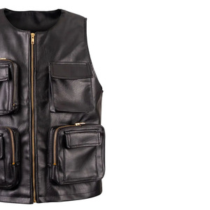 Premium Men's Black Leather <b>Vest</b> With Zippered Pockets Front Zip Closure Multi-Pocket Design Regular Fit Outerwear - Product Image 5