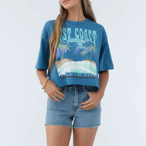 Women's <b>Blue</b> <b>Crop</b> T-Shirt 100% Cotton Loose Fit Casual Crew Neck Printed Palm Tree Design Summer <b>Top</b> - Product Image 3
