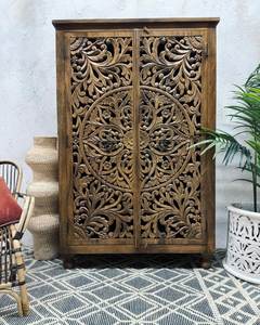 Luxury Handcrafted Solid Wood 2 Door <b>Wardrobe</b> Ornate Leaf Mandala Carving Natural Walnut Armoire - Product Image 1
