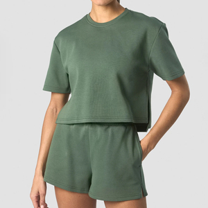 T-shirt court vert pour femme, manches courtes, col rond, couleur unie, coupe décontractée, 100 % coton tricoté, respirant, pour le printemps et l'été - Product Image 1