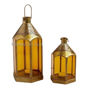 Collection Tlt, porte-bougie en verre jaune fait à la main, lanterne en métal rouillé vintage pour la décoration de Noël à la maison, style arabe - Product Image 2