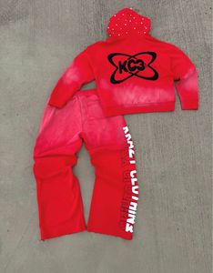 Ensemble sweat à capuche long 2 pièces rouge pour femme, coupe ample, manches longues, 100 % coton molletonné, streetwear toutes saisons, imprimé lettres - Product Image 2