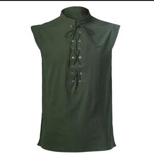 <b>Men's</b> Breathable Cotton Striped Gothic Sleeveless V-neck Lace-Up Front <b>Black</b> Woven <b>Vest</b> - Product Image 4