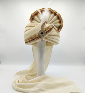 Turban de mariage indien traditionnel Safa Pagdi Tail en velours de soie royal, floral, respirant, fait main, orné de bijoux, pour marié, en gros - Product Image 2