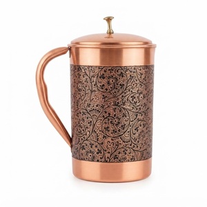 Pure Copper Water <b>Jug</b> with Lid Floral Engraved Ayurvedic Drinking Pitcher Wholesale Indian Traditional Copper Pitcher - Product Image 1