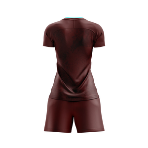 Maillot de football femme rayé bordeaux et turquoise, style rétro tendance, coupe ajustée, 100 % polyester respirant, col en V, sublimation - Product Image 4