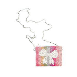 กระเป๋าถือโบว์ประดับลูกปัดทำมือ กระเป๋าคลัทช์ใบเล็กสำหรับผู้หญิง กระเป๋าใส่เหรียญแบบมีซิป ดีไซน์โบว์เก๋ไก๋ สายสะพายโซ่ รับผลิตแบบ OEM - Product Image 6