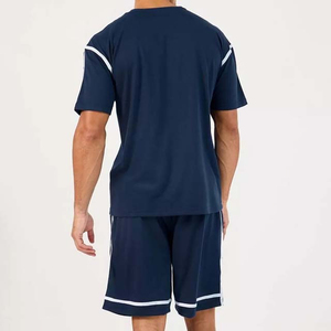 Ensemble T-shirt et short pour homme bleu marine à manches courtes avec bordure contrastante blanche, coupe oversize, style streetwear, tricoté 100% coton, délavé à l'acide - Product Image 4