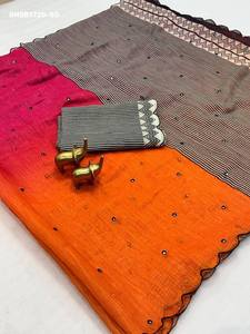 Sari-Blouse en Lin et Coton de Haute Qualité avec Broderie Miroir Intégrale et Rayures Noires et Blanches – Exportateur Mondial - Product Image 3