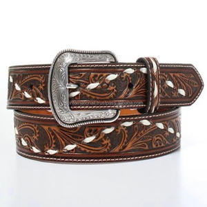 Ceinture Western Homme de Qualité Supérieure en Cuir Marron Estampé Floral et Sculpté à la Main avec Boucle en Argent Vieilli et Design Durable Façonné - Product Image 6