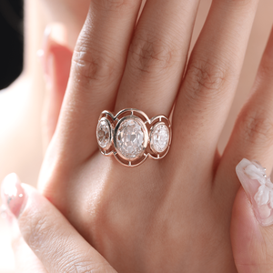 Vintage 3ct Lab Grown Diamond 14K Solid for Women Victorian Style Oval Old Mine Cut Milgrain Bezel Three Stone <b>Statement</b> <b>Ring</b> - Product Image 1