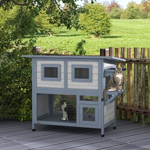 Casetta per Gatti in Legno Classica a 2 Piani Grigio Chiaro, Rifugio Rettangolare per Gatti da Interno con Punti di Accesso Multipli, Design Resistente alle Intemperie - Product Image 2