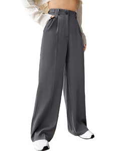 Pantalones de mujer de cintura alta, pierna ancha, color liso, de satén plisado, ajuste holgado, largos, informales, para otoño, con cierre de botones - Product Image 2