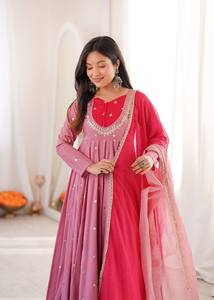 Conjunto de Salwar Kameez de Seda Romana Rosa para Mujer, con Dupatta Roja, Estilo Tradicional Indio-Pakistaní, Largo hasta el Tobillo, Corte Regular, Ropa Casual para el Sol - Product Image 3