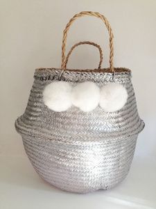 Luxury Silver Metallic Seagrass Belly Basket Handmade Woven Rattan Storage <b>Bin</b> with Handles Decorative Boho Planter Basket - Product Image 3