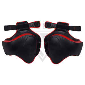 Protège-jambes de boxe personnalisables noirs et rouges durables à prix de gros, protection renforcée contre les chocs et finition élégante - Product Image 1