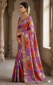<b>Purple</b> Floral Printed Silk <b>Saree</b> With Gold Border Traditional Indian Wedding Wear For Women - Product Image 2